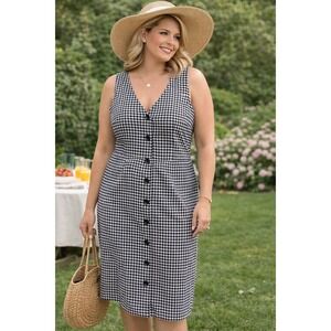 Rachel Black White Gingham Button Front V-Neck Sleeveless Sheath Dress XL Canada